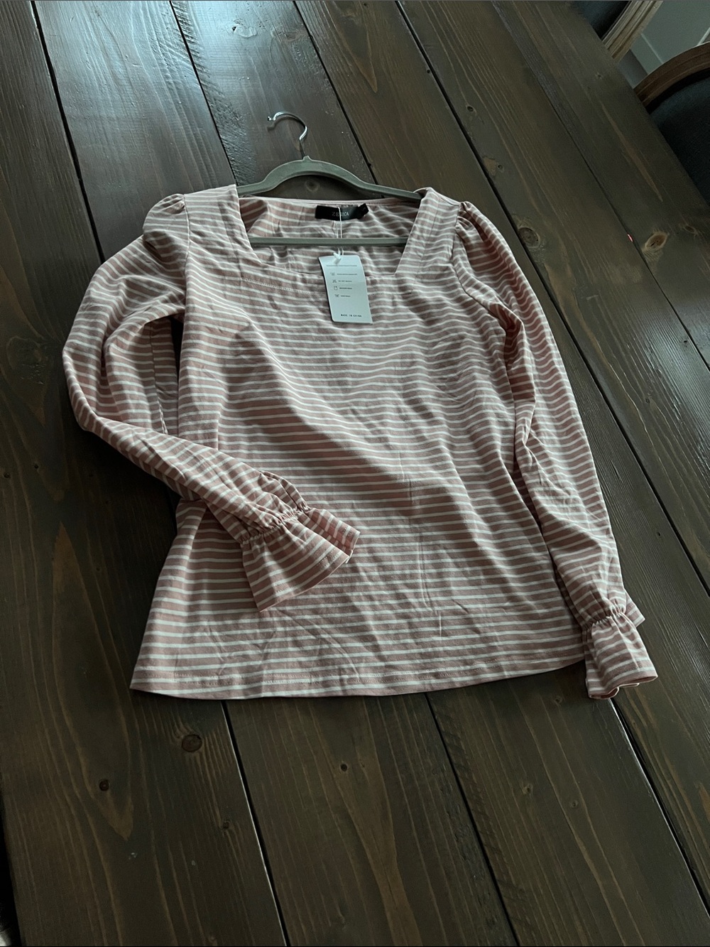Women’s Pink Striped Long-Sleeve Square Neck Top